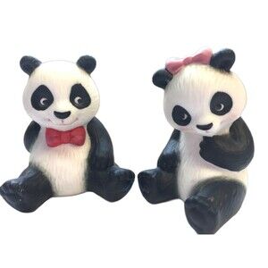 Panda Bears Figurines 2 3/4”  Red & Pink, Him With Roses & Her Bows Avon 1990